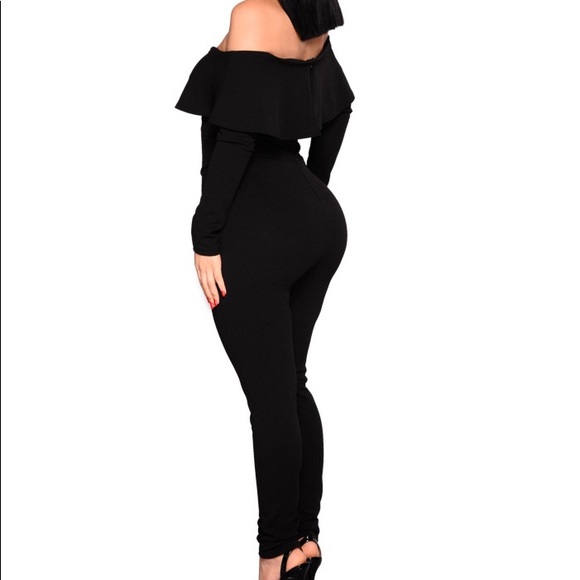 Ruffle Off Shoulder Black Jumpsuit - Picture 4 of 7